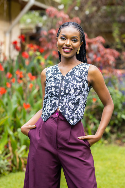 Flora African Print Waistcoat - Black & White Print