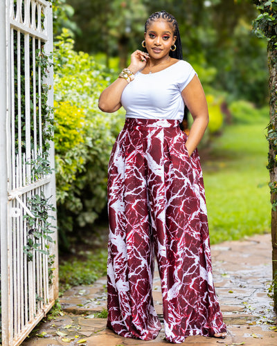 Lela Palazzo Pants - Maroon & White