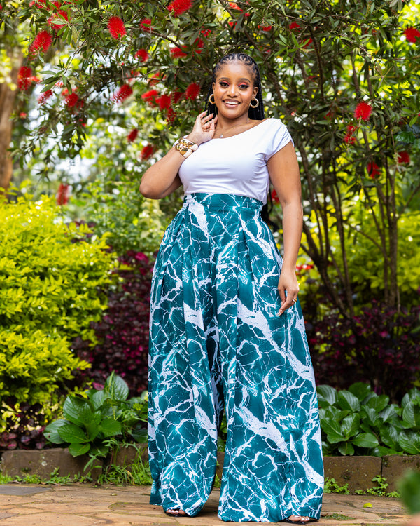 Lela Palazzo Pants - Green & White