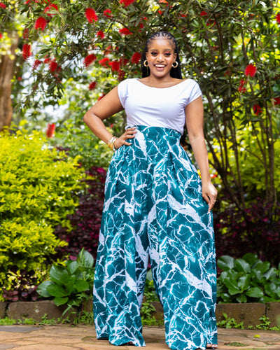 Lela Palazzo Pants - Green & White