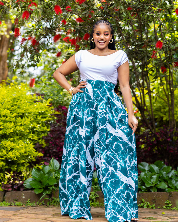 Lela Palazzo Pants - Green & White