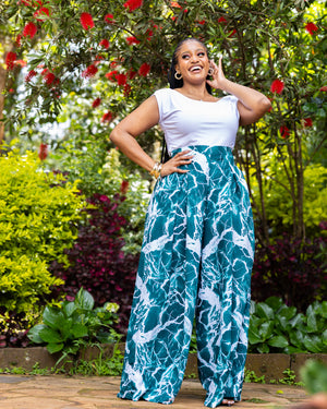 Lela Palazzo Pants - Green & White