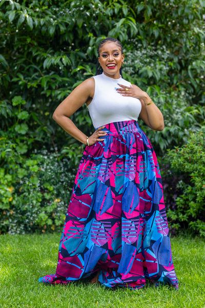 Lily African Print Maxi Skirt - Blue & Pink Print