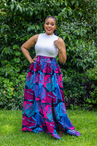 Lily African Print Maxi Skirt - Blue & Pink Print