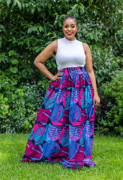 Lily African Print Maxi Skirt - Blue & Pink Print