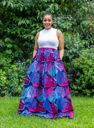 Lily African Print Maxi Skirt - Blue & Pink Print
