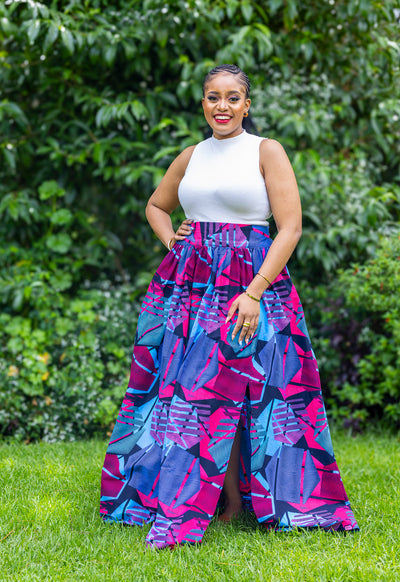 Lily African Print Maxi Skirt - Blue & Pink Print